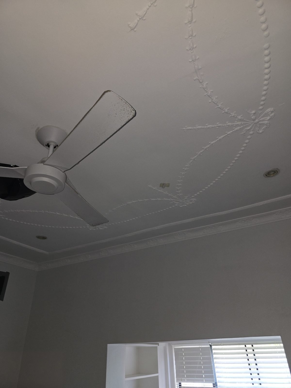 White three-blade fan beneath a decorative plaster ceiling
