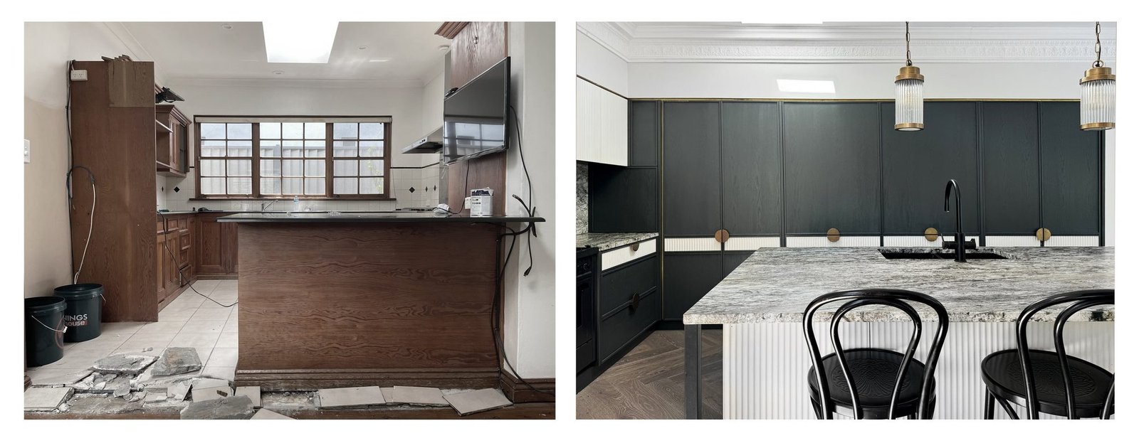 Side by side: the old timber kitchen before, and the finished dark kitchen with pendants after